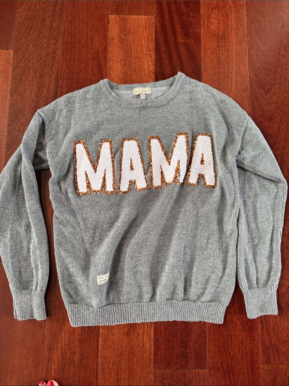 Simply Southern Gray 'MAMA' Crewneck Sweater with White & Gold Trim